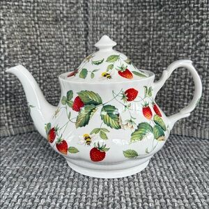Vintage Roy Kirkham Alpine Strawberry Teapot Fine Bone China England c 1999